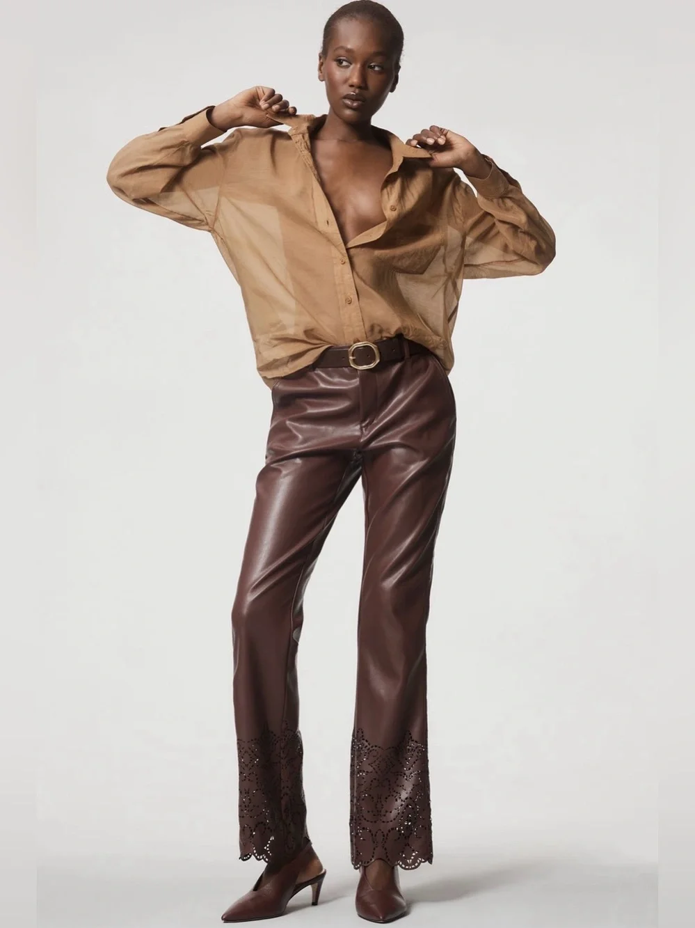 NWT By Anthropologie Faux Leather Slim Flare Pants Chocolate Size 8 - Picture 4 of 16
